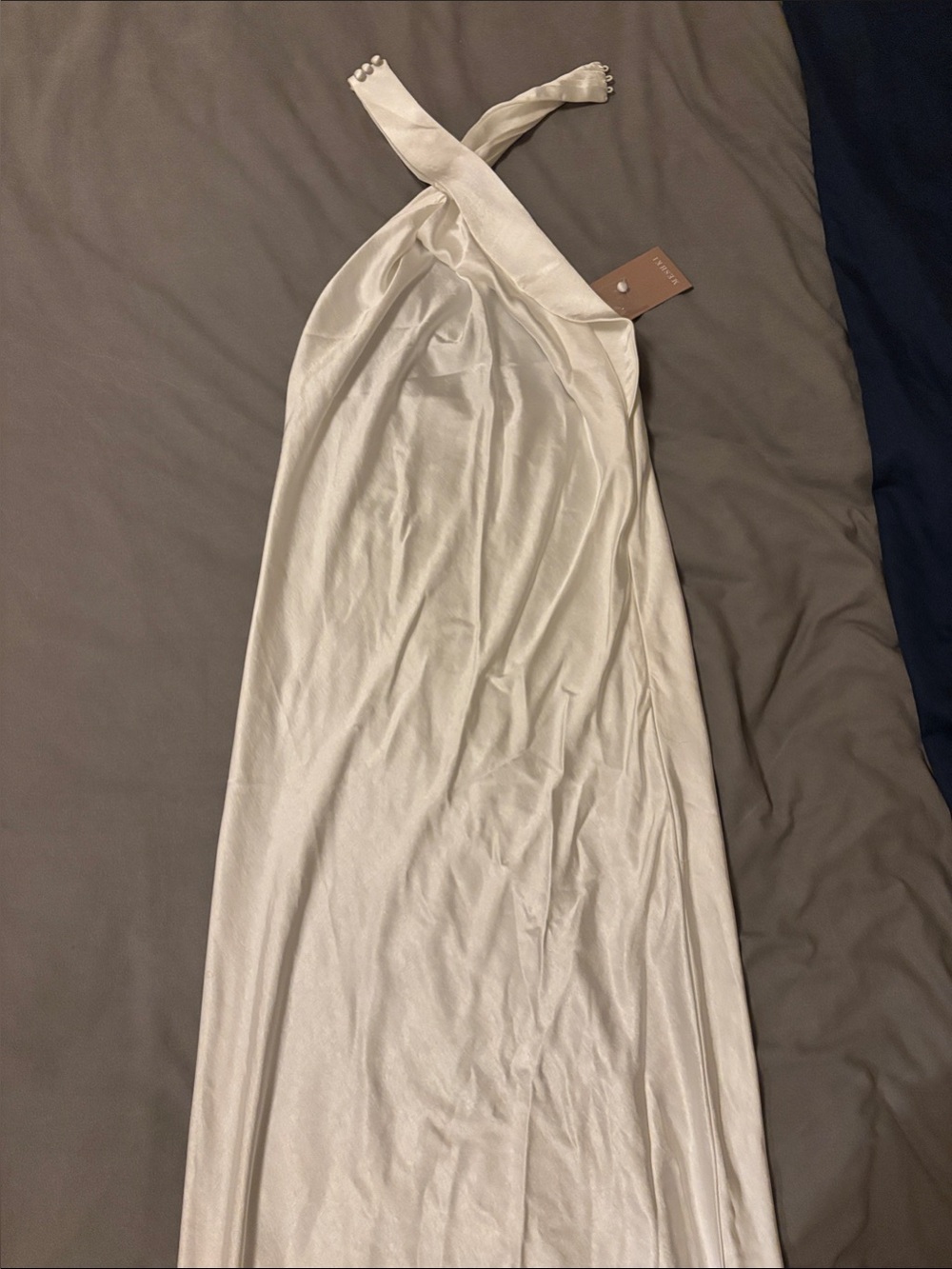 Meshki “Laura” Bridal Cream Halter Maxi Dress with Twist Neck